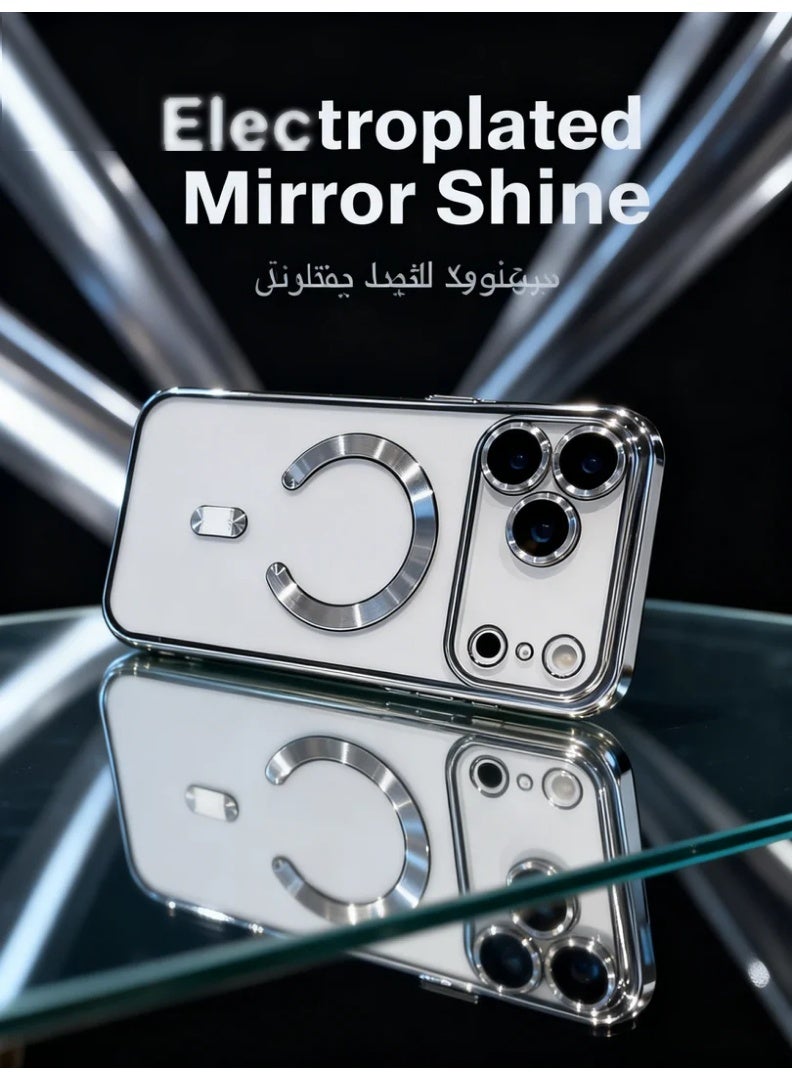 وبوت جي سي سي جراب مغناطيسي لهاتف آيفون 17 برو ماكس بتصميم شفاف مع إطار مطلي كهربائيًا باللون الفضي، غطاء TPU ناعم مقاوم للصدمات، حماية مدمجة لعدسة الكاميرا، حلقة مغناطيسية قوية متوافقة مع الشحن المغناطيسي، جراب حماية مانع للسقوط بتغطية كاملة ولمسة فضية أنيقة - Image 4